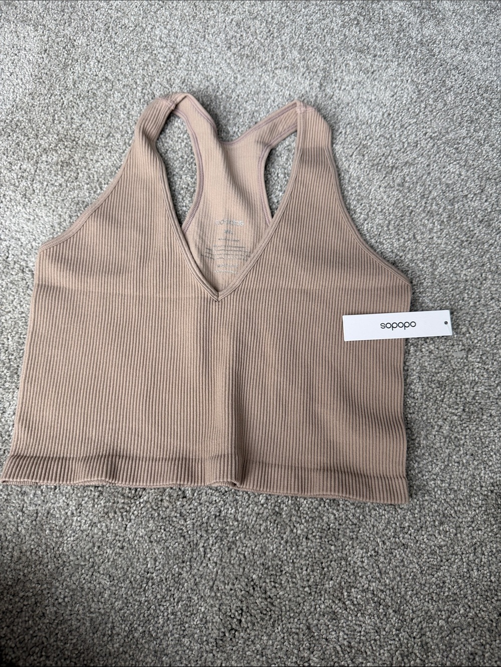 Ribbed V-Neck Racerback Crop Tank - Beige